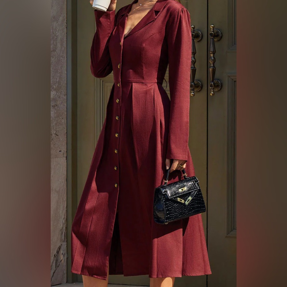 Red Button Down Long Sleeve Dress L